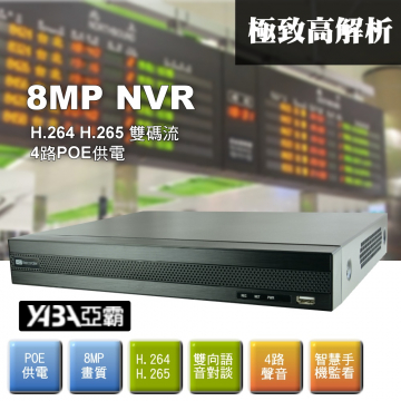 監視器材4路4音8MP NVR 多工網路型影音數位錄放影機(4路POE供電)