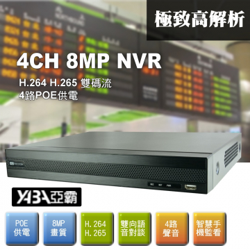 監視器材4路4音8MP NVR 多工網路型影音數位錄放影機(4路POE供電)(不含硬碟)