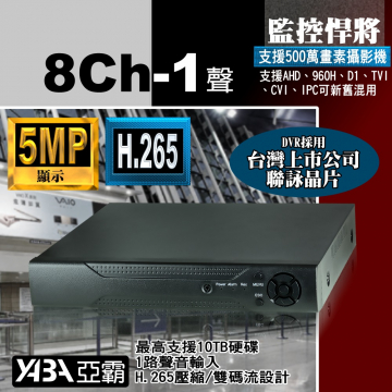 監視器材8路1音H.265 AHD/TVI/CVI多合1 DVR 500萬畫素 監視器主機 (不含硬碟)