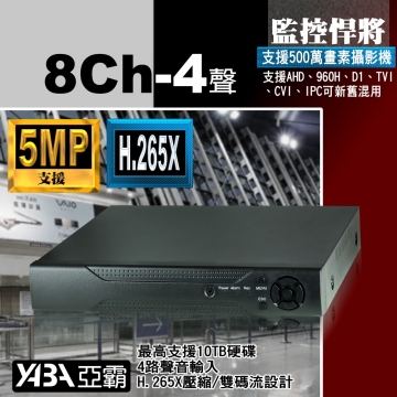 監視器材8路4音H.265X AHD/TVI/CVI多合1 DVR 500萬畫素 監視器主機 (不含硬碟)