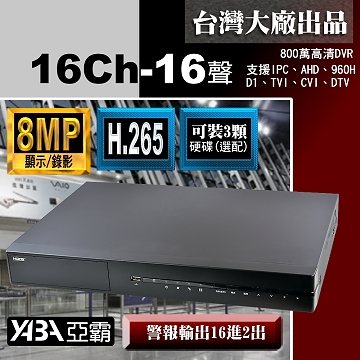 監視器材8MP 16路16音H.265 多合1網路型數位錄放影機 800萬畫素監視器DVR主機 (不含硬碟)