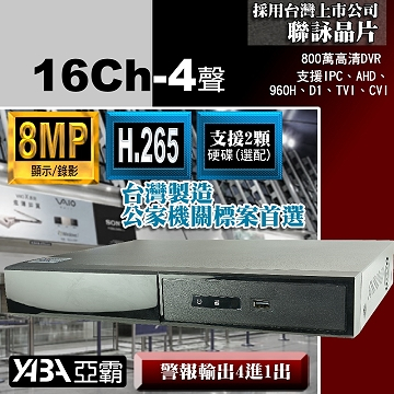 監視器材8MP 16路4音H.265 AHD/TVI/CVI混合式錄放影機 800萬畫素監視器主機 (不含硬碟)