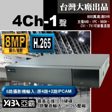 監視器材8MP 4路1音H.265 多合一網路型數位錄放影機 800萬畫素 監視器DVR主機 (不含硬碟)