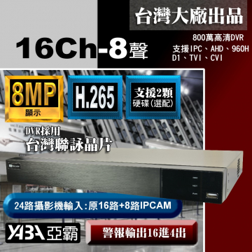 監視器材8MP 16路8音H.265多合1網路型數位錄放影機 800萬畫素監視器DVR主機 (不含硬碟)