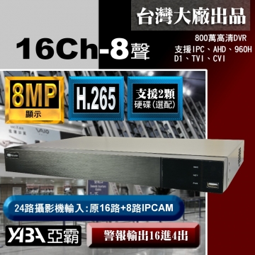 監視器材8MP 16路8音H.265多合1網路型數位錄放影機 800萬畫素監視器DVR主機 (不含硬碟)