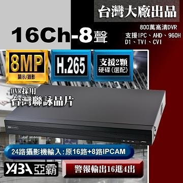 監視器材8MP 16路H.265多合1網路型數位錄放影機 800萬畫素監視器DVR主機 (不含硬碟)