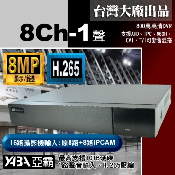 監視器材8MP 8路1音H.265 多合一網路型數位錄放影機 800萬畫素 監視器DVR主機 (不含硬碟)