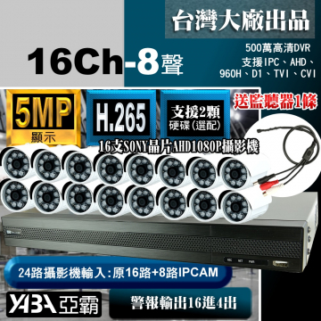監視器材5MP16路8音H.265AHD/TVI/CVI DVR +16支SONY晶片1080P攝影機+送麥克風(不含硬碟)