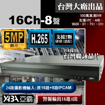 監視器材5MP 16路8音H.265 AHD/TVI/CVI混合式錄放影機 500萬畫素監視器主機 (不含硬碟)