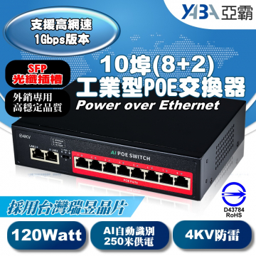 監視器材千兆 PoE 網路交換機 10埠(8+2)  Switch 工業型乙太網路供電交換器 120W (AI自動識別最遠250米供電)