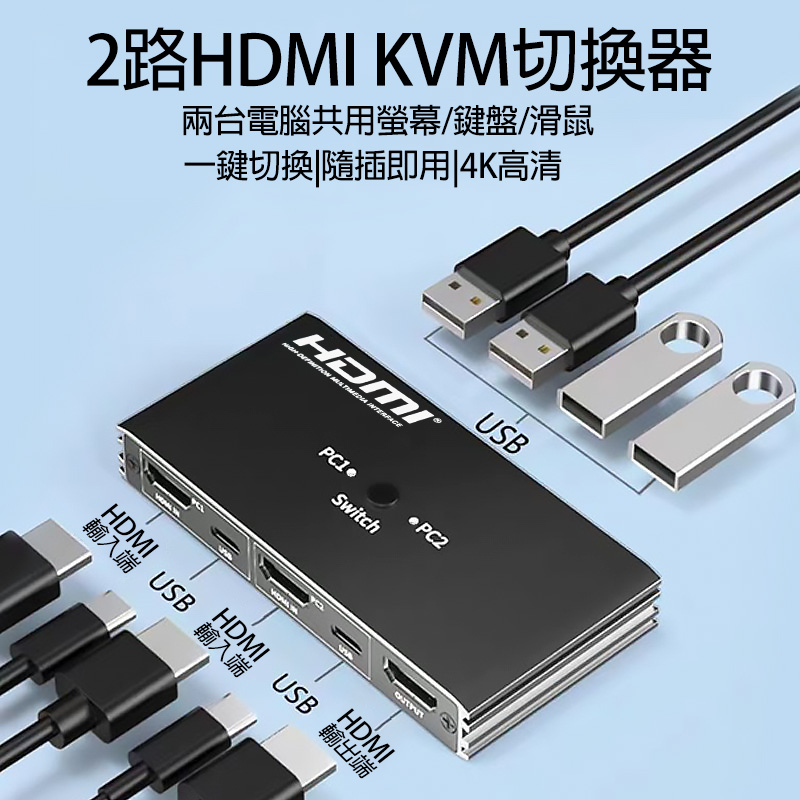 2路HDMI KVM切換器 兩台電腦共用螢幕/鍵盤/滑鼠 一鍵切換|隨插即用|4K高清