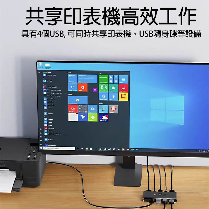 共享印表機高效工作 具有4個USB, 可同時共享印表機、USB隨身碟等設備