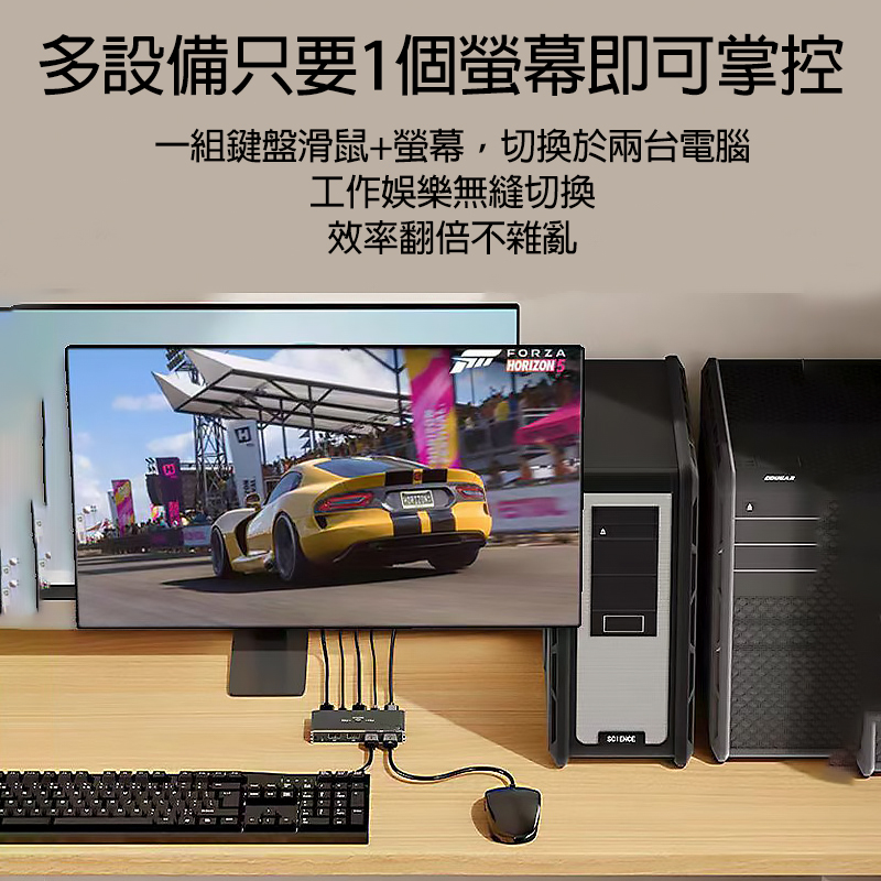多設備只要1個螢幕即可掌控 一組鍵盤滑鼠+螢幕，切換於兩台電腦工作娛樂無縫切換 效率翻倍不雜亂