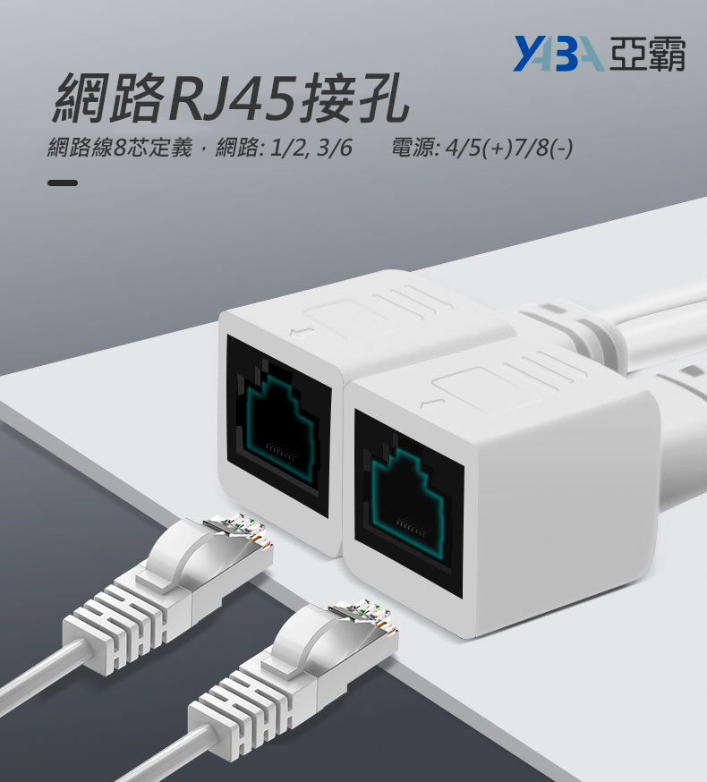 網路RJ45接孔 網路線8芯定義，網路: 1/2, 3/6 電源: 4/5(+)7/8(-)